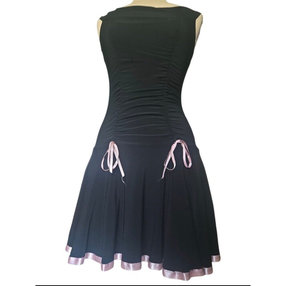 Vintage Y2K Taboo Black Ruched Drop Waist Dress Pink Bows - S